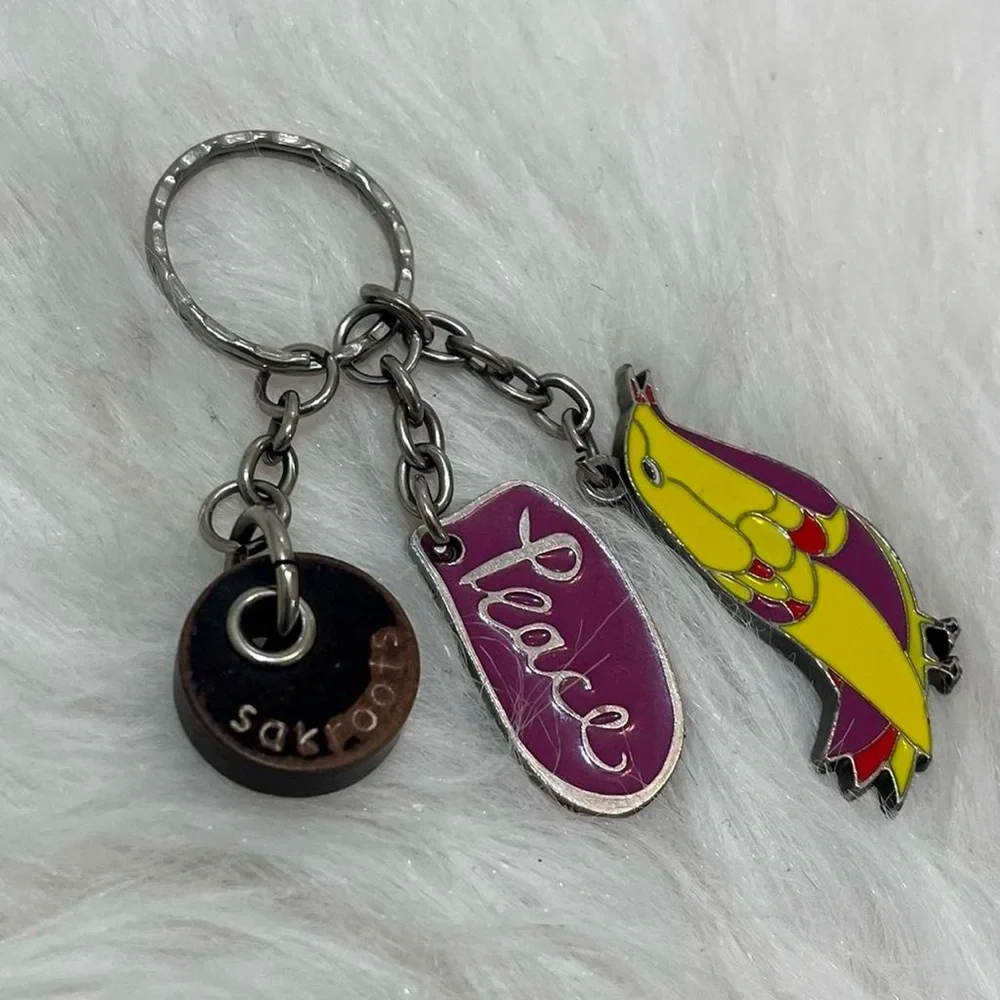 Sakroots Yellow Brown and Purple Peace Bird Sterling Silver Keychain Vintage